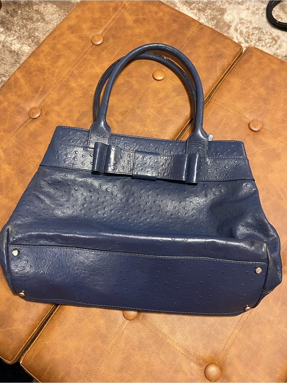 Vintage Kate Spade Navy Blue Ostrich Embossed Bow Tote